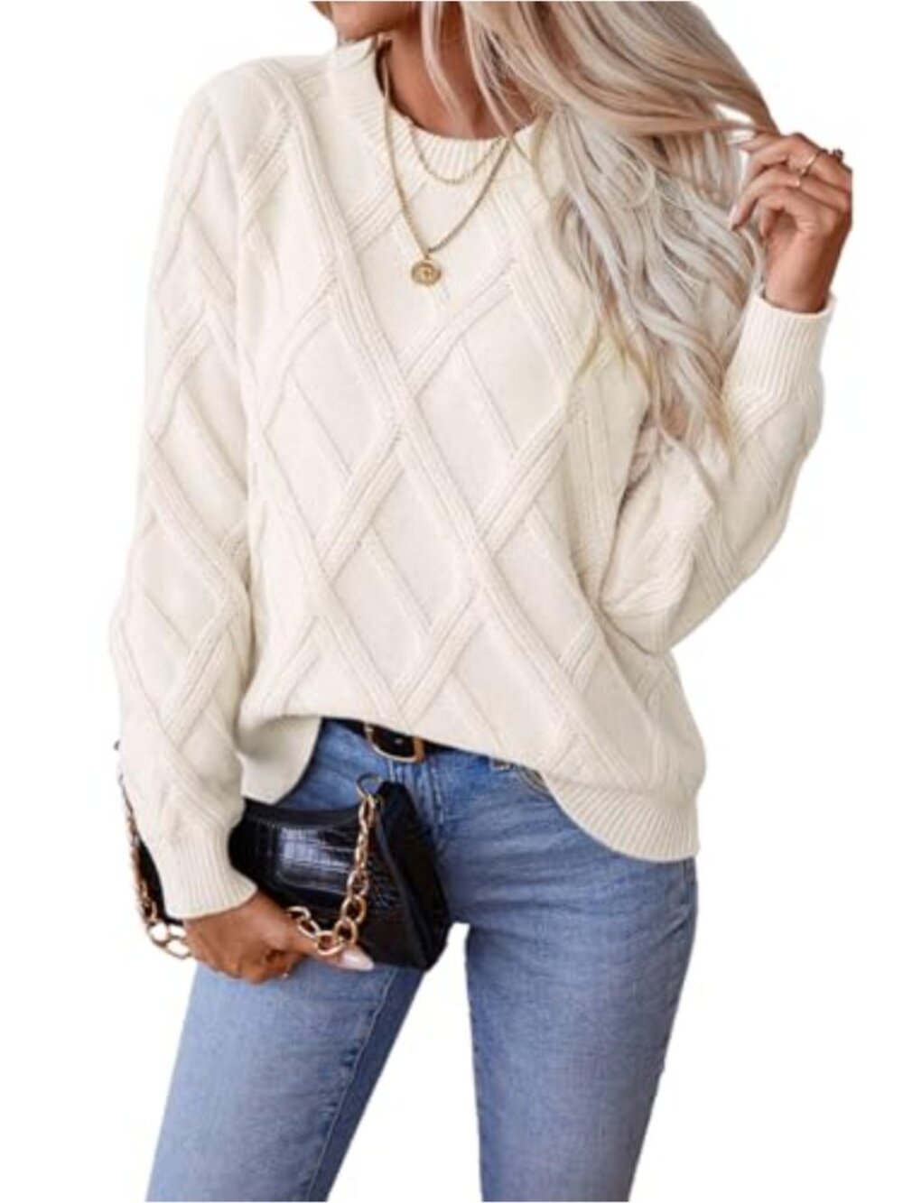 Cable Knit Crewneck Sweater Loose Fit Pullover Fall Winter